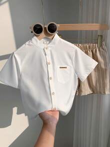 2件套男童休闲舒适百搭立领短袖衬衫+条纹短裤套装，适合上学、郊游、度假、聚会、春夏穿着。 - 杏色 - 查看 2