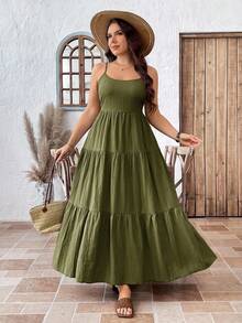 SHEIN LUNE 大码女式无袖可调节露背收腰休闲度假连衣裙，适合仲夏日、毕业典礼、婚礼宾客等场合，也可作为女士度假装、沙滩装、节日连衣裙、生日礼服等穿着。舒适休闲风，慵懒随性，适合度假、假日等场合，波西米亚风情。 - 軍綠色 - 查看 7