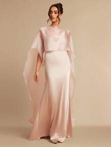Silquee This Champagne Pink Cape-Style Fishtail Two-Piece Dress With A Shawl Collar Is Perfect For Spring And Summer, Ideal For Gatherings With Friends, As Well As Valentine's Day, Vacations, Dates, Garden Parties, Picnics, Nightclub Parties, And Elegant Dinners. The Fitted Cut Accentuates The Figure And Showcases Feminine Charm. Elegant And Captivating, It's The Perfect Choice For Valentine's Day. Also Suitable For Nightclub Parties, Elegant Parties, Weddings, And Bridesmaid Dresses. - Champagne - View 3