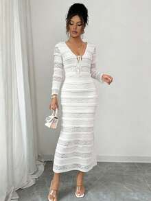 Rafferiza Women's V-Neck High Slit Long Sleeve Lace Mesh Bodycon Maxi Dress,Elegant White Tie Front Midi Long Dress For Autumn Dining - White - View 3