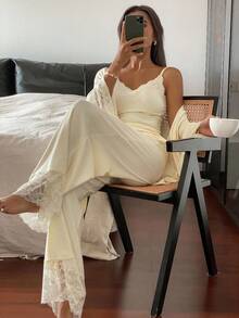 DAZY 3pcs Lace Patchwork Robe, Cami Top & Pants Women Sleepwear Pajama Set, Fall Winter Clothes Pajama