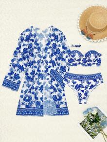 Swim Vcay 三件套印花吊带泳衣套装，带聚拢钢圈。 - 藍色 - 查看 6