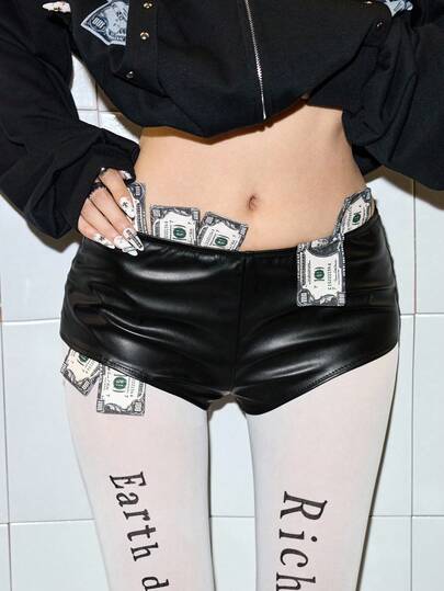 ROMWE Avant Sexy Diva Dollar Bill Embroidered Super Low-Rise Mini PU Shorts
