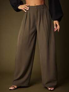Vixey Brown High Waist Pleated Barrel Leg Office Pants - Coffee Brown - View 3