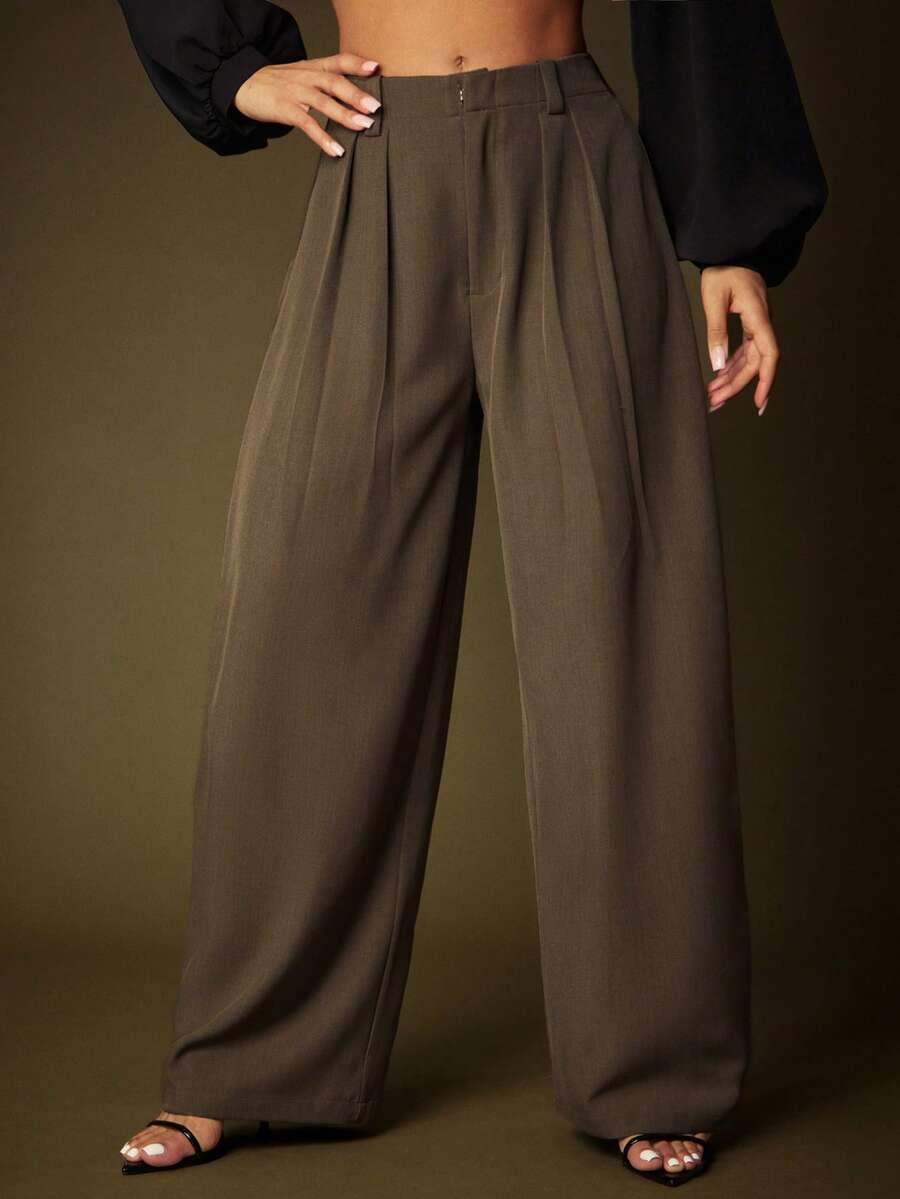 Vixey Brown High Waist Pleated Barrel Leg Office Pants - Coffee Brown - View 1