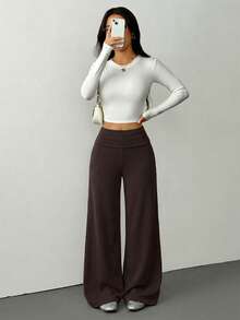 SHEIN PETITE Casual Brown Knitted Fabric Wide Leg Pants For Women Extra Long Rib-Knit Design - Brown - View 4