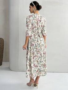 Al Najma 女士圆领褶皱长袖印花优雅收腰阿拉伯风派对连衣裙 - 彩色 - 查看 5