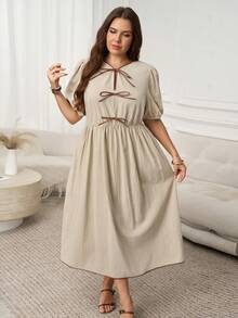 SHEIN LUNE 大码女式休闲时尚连衣裙，带蝴蝶结装饰和短泡泡袖 - 杏色 - 查看 5