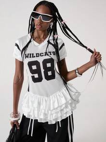 ROMWE Avant 可爱运动甜美印花水钻珍珠荷叶边下摆女式上衣 - 白色 - 查看 3