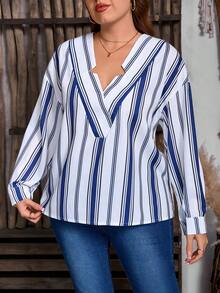 EMERY ROSE Plus Size Striped Long Sleeve V-Neck Elegant Casual Shirt, Suitable For Spring/Summer - Blue and White - View 5