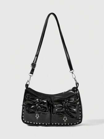 Grunge Punk Wrinkled Bow Rivet Pendant Crossbody Bag