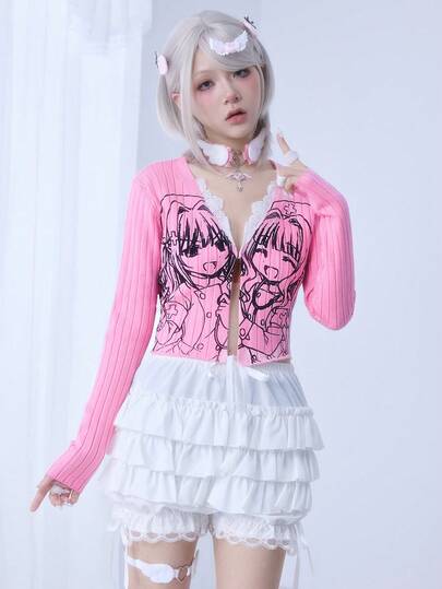 Kawaii Cute Sweet Pink Anime Girl Print Contrast Lace Women Sweater