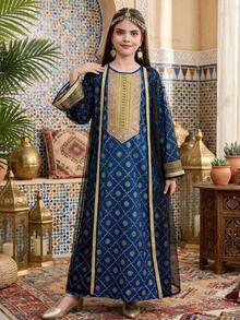 SHEIN رمضان جلابيه  Tween Girl Casual Long Sleeve Mesh Jacket With Dress الملابس التقليدية العربية