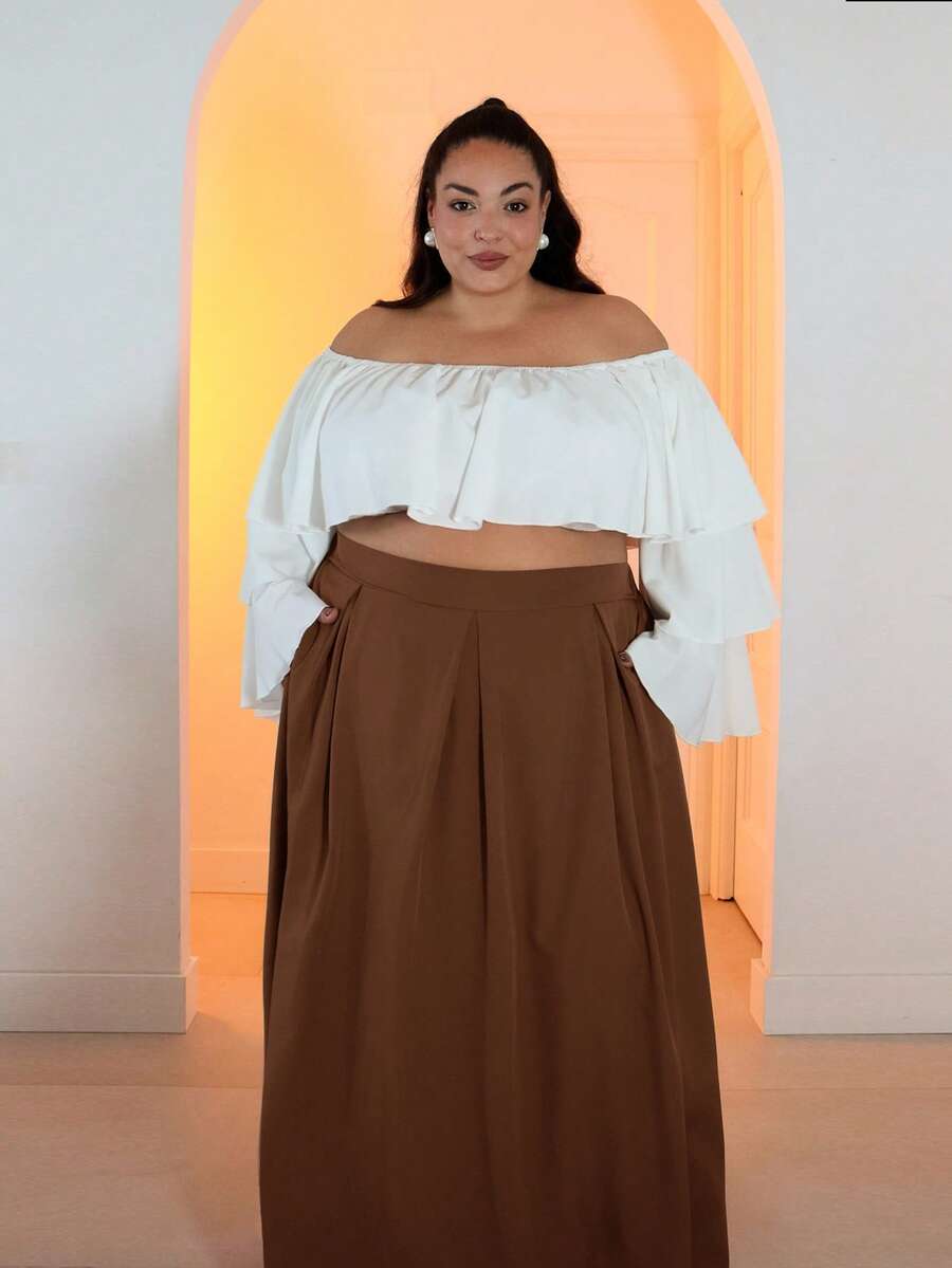 Pretty and Ole 加大码女式灰色高腰超长褶皱 A 字裙，带口袋，松紧腰带，秋季开学季 - 鏽棕色 - 查看 1