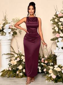 Vestido de fiesta elegante de mujer con cuello drapeado y mangas sin mangas fruncido de unicolor, perfecto para banquetes - Rosa Roja - Ver 7