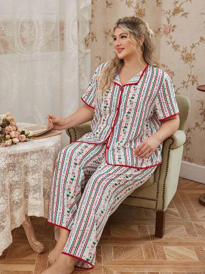 CottageSlumber 加大码条纹蝴蝶结印花翻领开衫睡衣套装