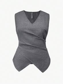 INAWLY Plus Size Women Gray V-Neck Pleated Sleeveless Casual Top - Grey - View 3