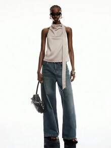 LYSMO 2025新款女士褶皱露背缎面吊带衫，配有可调节丝巾系带和露背设计，尽显前卫性感风范 - 卡其色 - 查看 6