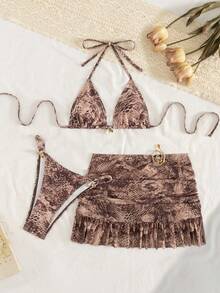 Swim Vcay 3pcs/Set Women Swimwear Brown Snakeskin Print Halter Elegant Bikini Set With Short Ruffle Hem Skirt,Summer,Casual,Beach,Vacation,Holiday Party - Multicolor - View 2