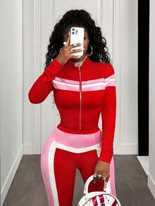 BamGleam Bộ 2 áo crop top kẻ sọc in kỹ thuật số màu đỏ, hồng và trắng có khóa kéo và quần ôm vừa vặn, phong cách thể thao và thường ngày - Nhiều màu - Xem 5