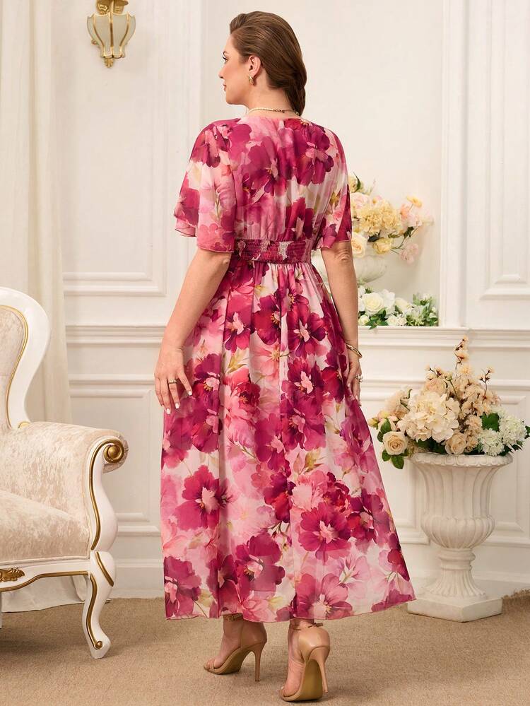Plus Size Women Floral Print Overlap V-Neck Ruffle Short Sleeve Elegant Dress For Summer/ Vacation Flower Dress Plus Size Plus Size Tea Party Dress Garden Party Dress Plus