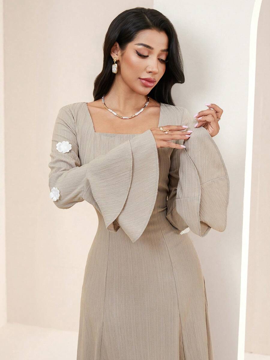 Veilorie Đầm nữ tay bồng họa tiết hoa 3D kiểu dáng kín đáo, thường ngày. - Màu Khaki - Xem 1