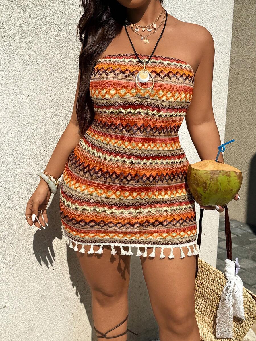 SHEIN SunnyBelle Plus Size Colorful Striped Tassel Bodycon Dress, Spring/Summer - Multicolor - View 1