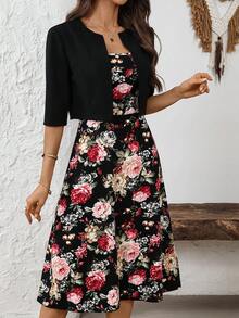 EMERY ROSE Bộ đồ 2 món thanh lịch dành cho nữ: áo khoác cardigan màu trơn và váy không tay in hoa. - Nhiều màu - Xem 6