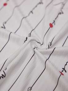 CottageSlumber Romantic Heart & Wavy Line Decor Plus Size Short Sleeve Top And Pants Set - White - View 3