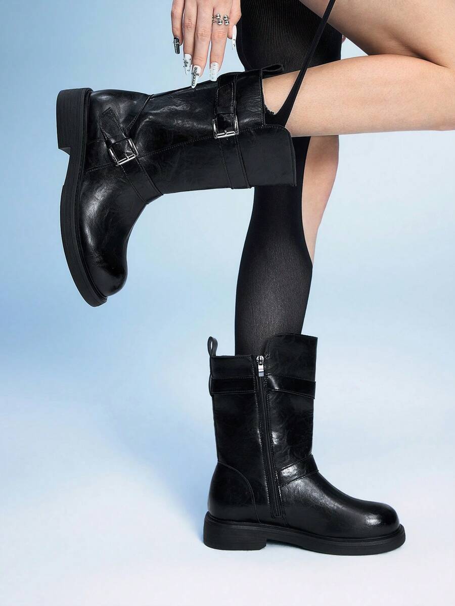 Sugerpunk Women's Fashion Versatile Commuter Buckle Mid-Calf Boots Valentine's Day - Black - View 1