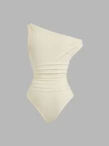 Sweetra Sexy Asymmetrical Shoulder Sleeveless Bodysuit For Women, Stylish & Slimming, Suitable For Spa, Vacation - Apricot - View 2