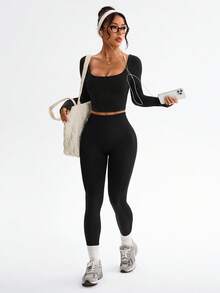 Dewbera 女士时尚优雅性感露背交叉U领短款修身运动长袖T恤，春秋季 - 黑色 - 查看 7