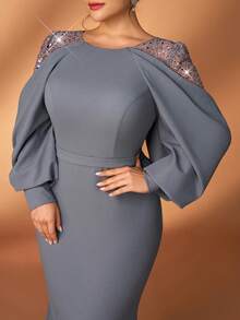 Serin Plus Size Rose Gold Spring Elegant Evening Mermaid Dress,Gray Sequin Embroidered Patchwork Elastic Knit Asymmetric Ruffle Sleeve Fitted Party Gown - Grey - View 9