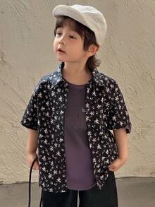DAZY Young Boy Floral Print Lapel Single-Breasted Casual Versatile Daily Wear Short Sleeve Shirt Spring - Black - View 2