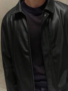 Musero Boxy Fit Leather Long Sleeve Cropped Hidden Placket Leather Jacket Fall Outfits Winter Clothes Autumn Winter - Black - View 6