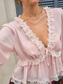 Elegant Light Pink Chiffon Lace Trim Tie Front Blouse - Baby Pink - View 3