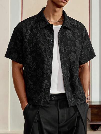 EASEVO Plus Size Men's Solid Color Front Button Short Sleeve Casual Shirt, Summer Men S Cropped Button Up Men Lace Shirt