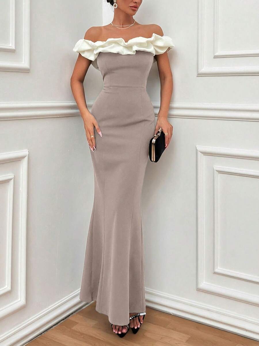 EURMUSE Two Tones Off Shoulder Ruffle Trim Bodycon Dress, Elegant Dress - Mocha Brown - View 1