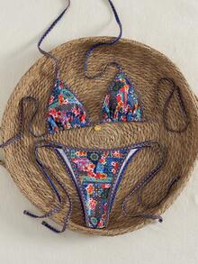 Swim Vcay Women Navy Floral & Geometric Print Halter Neck Bikini Set With Gold Accent, Romantic Vacation Beach Swimsuit - Multicolor - View 2