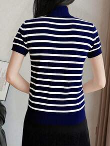 Almamuse Áo len nữ tay ngắn cổ cao, dáng ôm, kẻ sọc, đa năng, kiểu dáng thường ngày. - Màu xanh lam - Xem 2