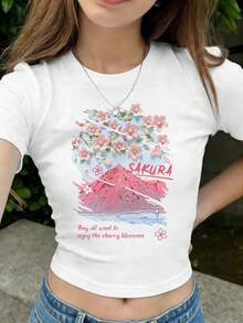 Teenage Girls' Short Sleeve Round Neck Printed Casual T-Shirt, Fitted Slim Waist, Cropped Tee, Suitable For All Seasons, Spring/Summer, Suitable For Outings, Japanese Mount & Cherry Blossom Photo Pattern Daily Versatile White T-Shirt, Casual For Spring, Summer, Autumn, Winter Sakura T-Shirt Women T-Shirt Cherry Blossom T-Shirt T Shirt For Teen Girl Cute Flower T-Shirt - White - View 2