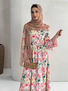 Yasmyna Women's V-Neck Floral Print Mesh Splice Elegant Waist Cinched Party Arabic Dress - Pink - View 1