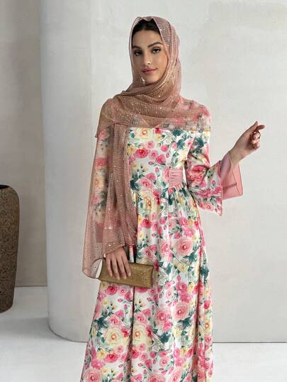 Yasmyna Women's V-Neck Floral Print Mesh Splice Elegant Waist Cinched Party Arabic Dress