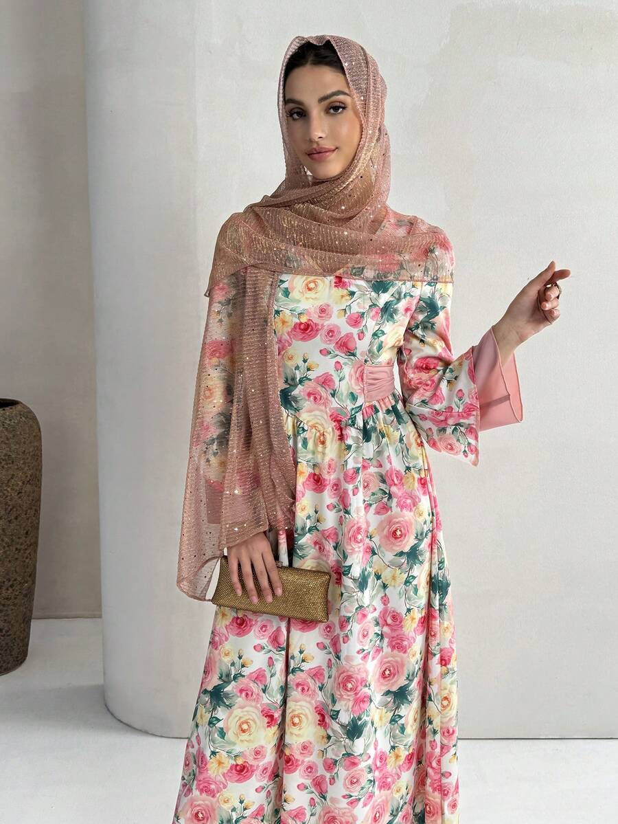 Yasmyna Women's V-Neck Floral Print Mesh Splice Elegant Waist Cinched Party Arabic Dress - Pink - View 1