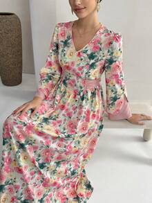 Yasmyna Women's V-Neck Floral Print Mesh Splice Elegant Waist Cinched Party Arabic Dress - Pink - View 5