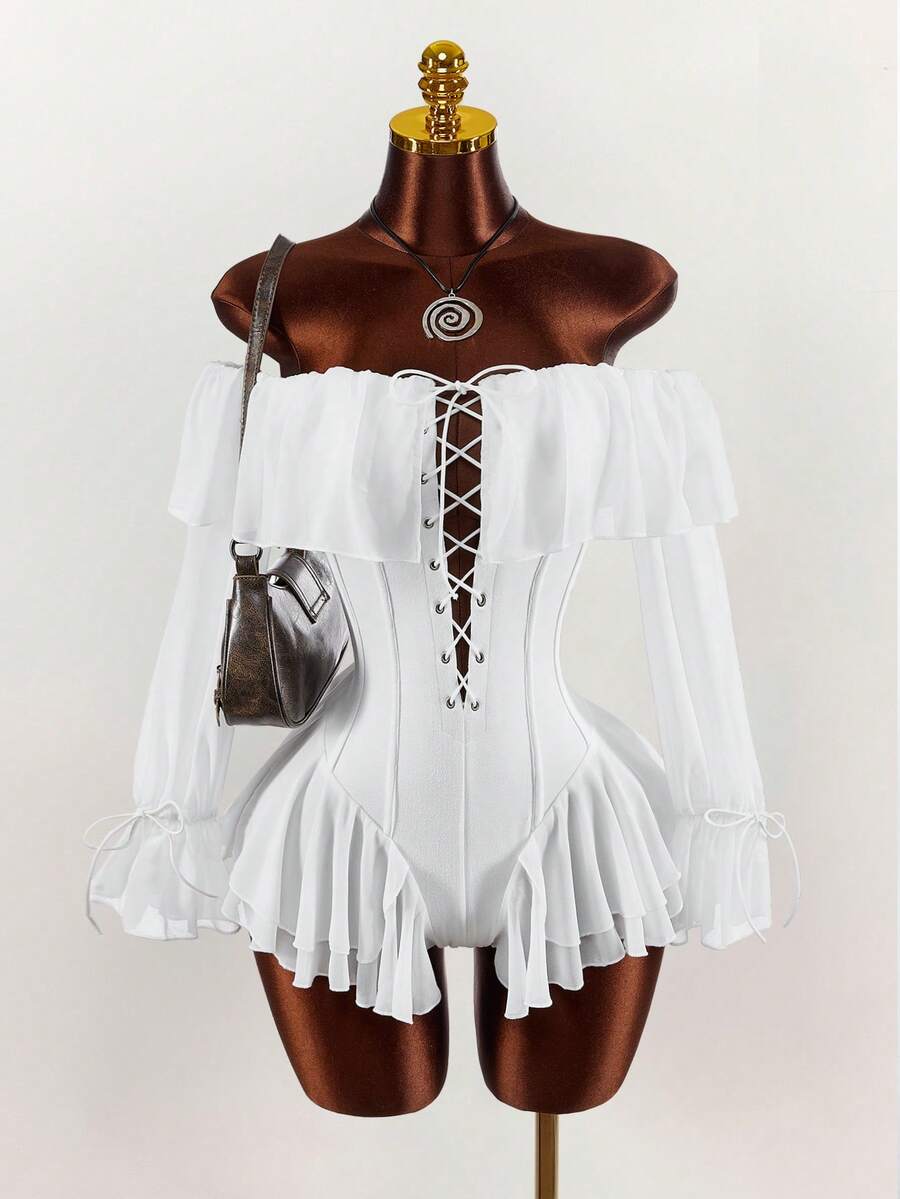 Amplova 浪漫度假风露肩褶皱腰身A字连体裤（女款） - 白色 - 查看 1