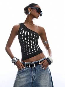 LYSMO Áo nữ không tay lệch vai thời trang với thiết kế dây đeo vai và vạt áo bất đối xứng. - Màu xanh lá cây đậm - Xem 8