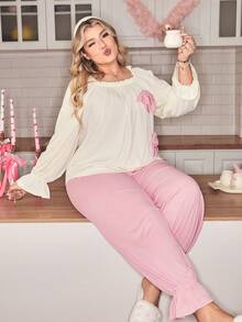 Slumberry CURVE Plus Size Women Cute Bow Decor Flare Sleeve Pajama Set Plus Size Pajama Set Plus Size Loungewear Set Curvy Pajama Sets Plus Size Sleepwear Set Pajamas Plus Size Set Sleep Wear Women 2 Piece Set Pink Pajama Set Pajama Pants 2 Piece Set Bowknot Pajamas Ruffle Trim Pajamas Pink Pj Set Pjs Bridal Pj Set - Multicolor - View 5