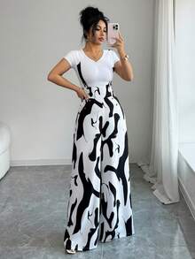 Elenzga Women's Elegant Digital Print Straight Leg Pants With Suspender And Button Decor, High-Waisted Design To Accentuate Curves, Versatile For Formal Work, Commute, Sexy Attire, Romantic French Style, Casual Outings, Vacations, Middle Eastern Vintage Themed Events, Cozy Afternoon Tea Gatherings, Glamorous Parties, As Well As New Year, Thanksgiving, Christmas, Valentine's Day And Other Holiday Celebrations - Black and White - View 6