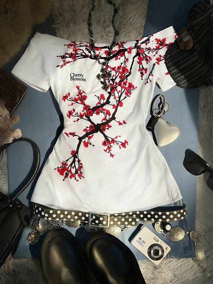 SHEIN 女士树枝印花露肩短袖时尚衬衫 - 白色 - 查看 1